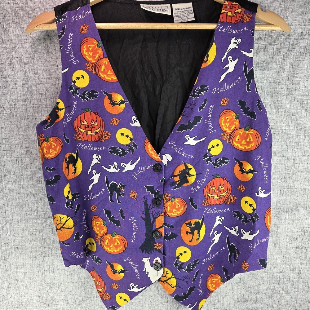 Vtg 90s Halloween Vest Small Purple Pumpkin Ghost Witch Spooky Teachercore